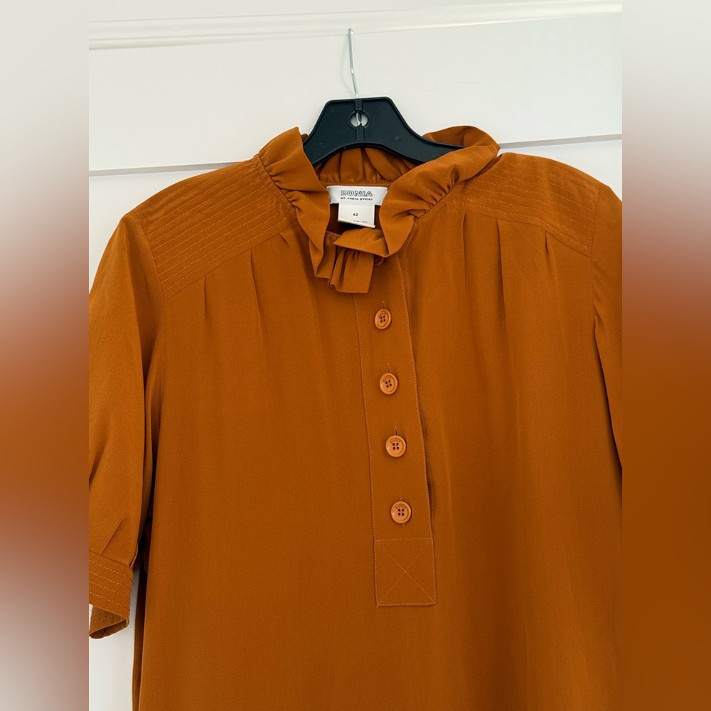 Sonia by Sonia Rykiel burnt orange short sleeve silk dress w/ ruffle collar - Picture 3 of 10